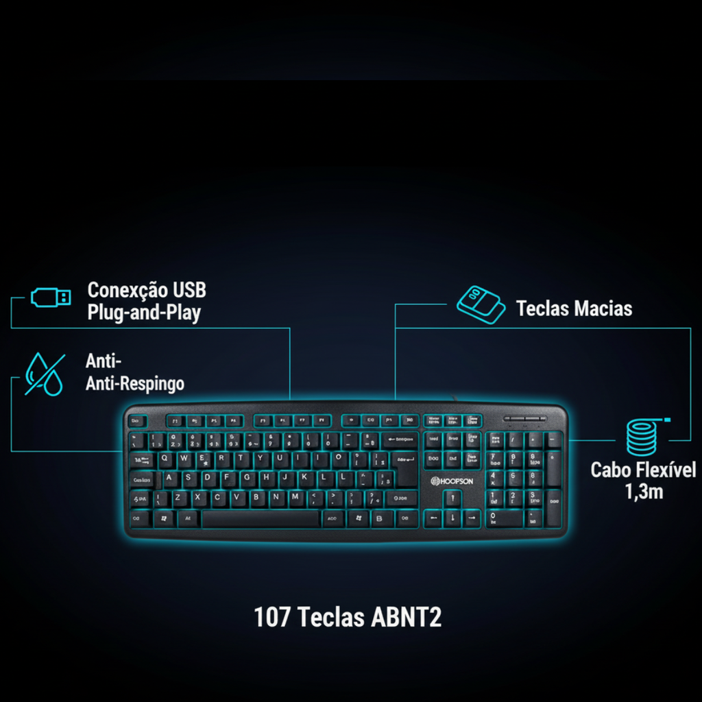 Teclado USB HOOPSON ABNT2 — 107 Teclas, Anti-Respingo, Teclas Macias