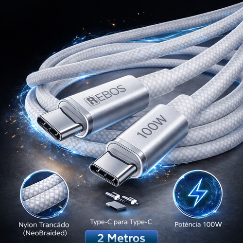 Cabo Carregador Celular 2 Mt Tipo C Duplo 100w Nylon Hrebos