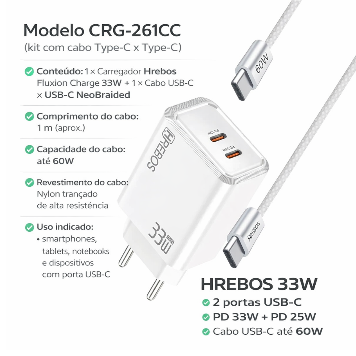 Carregador 33w Tipo C Hrebos Duas Entradas Cabo Nylon Branco