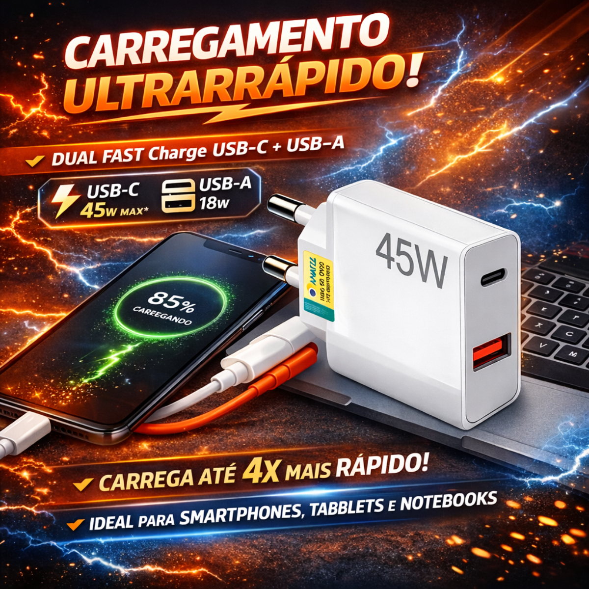 Carregador Celular Turbo Tipo C Para Iphone Poco Samsung 45w