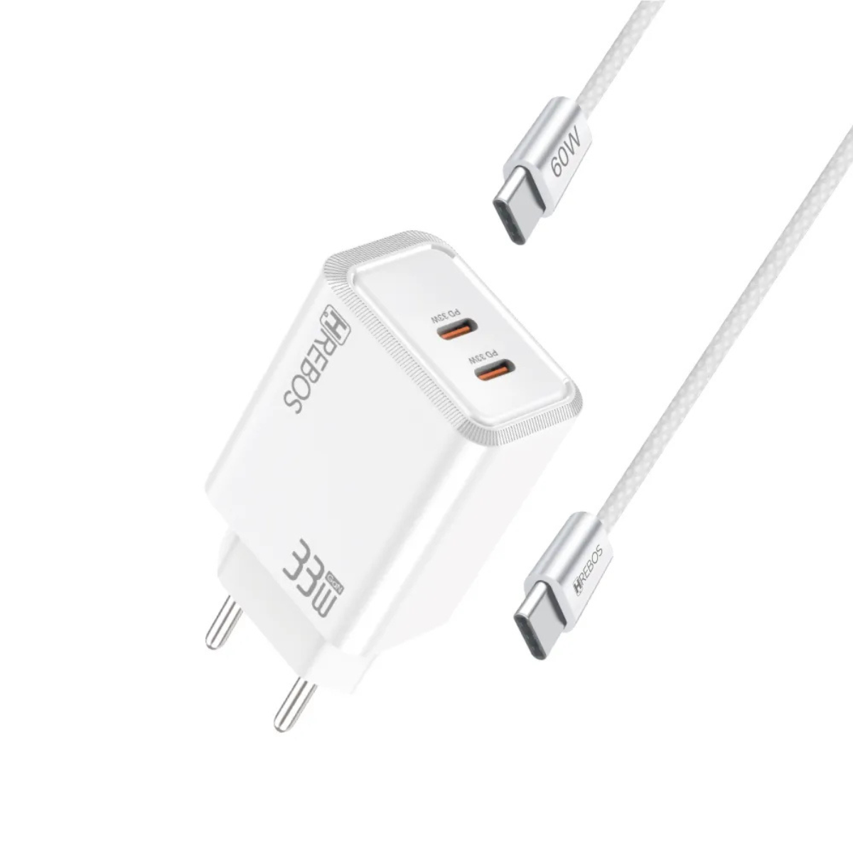 Carregador 33w Tipo C Hrebos Duas Entradas Cabo Nylon Branco