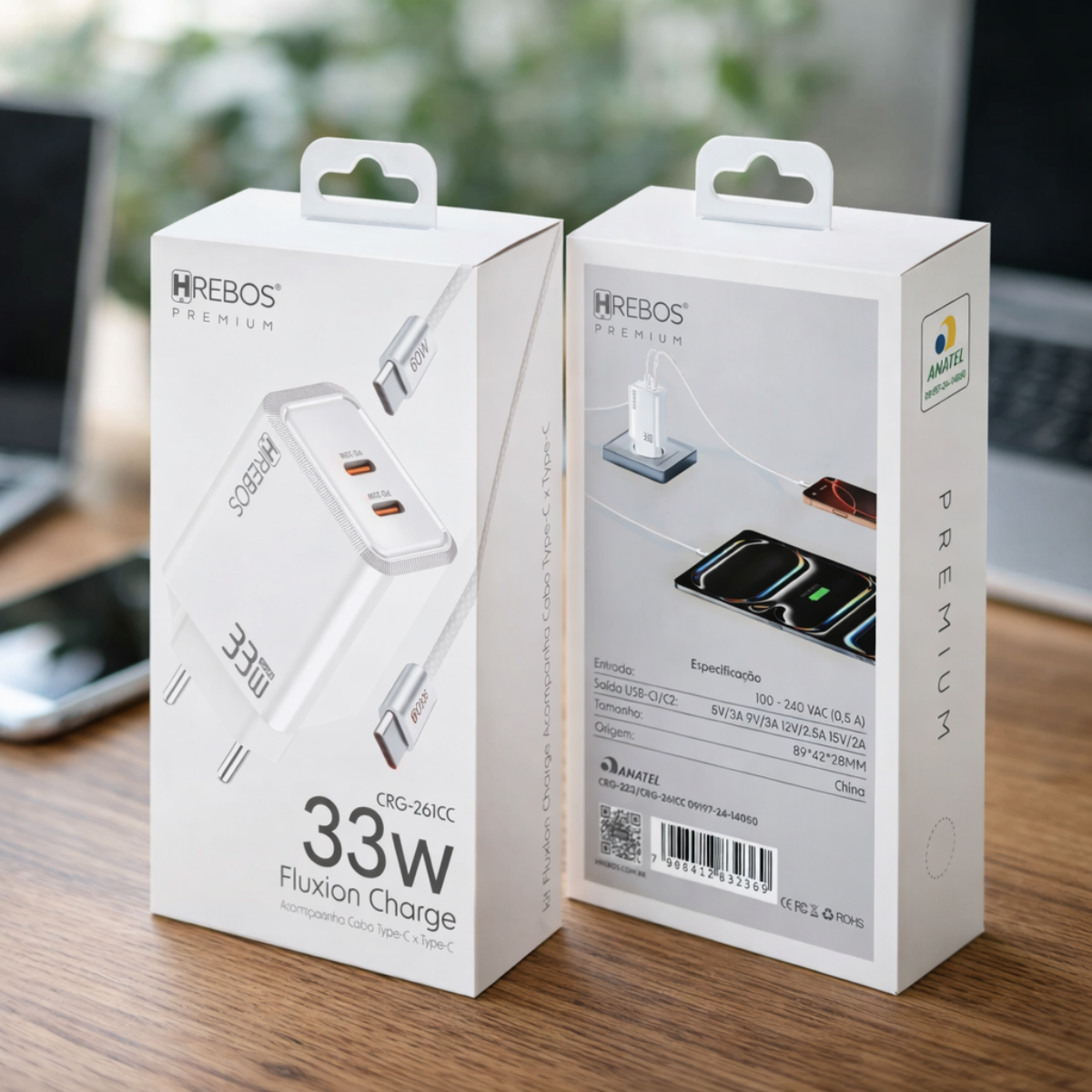 Carregador 33w Tipo C Hrebos Duas Entradas Cabo Nylon Branco