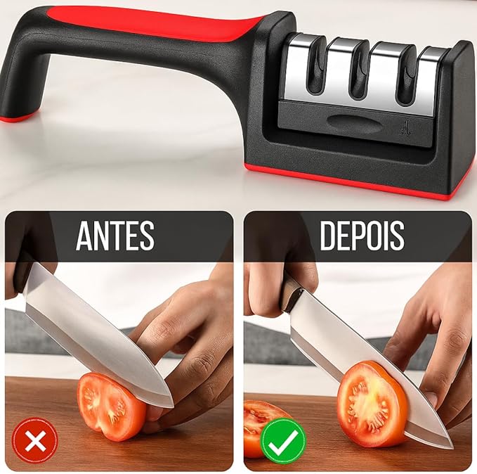 Amolador Afiador De Facas Tesoura 3 X 1 Profissional Prepara Preto/vermelho