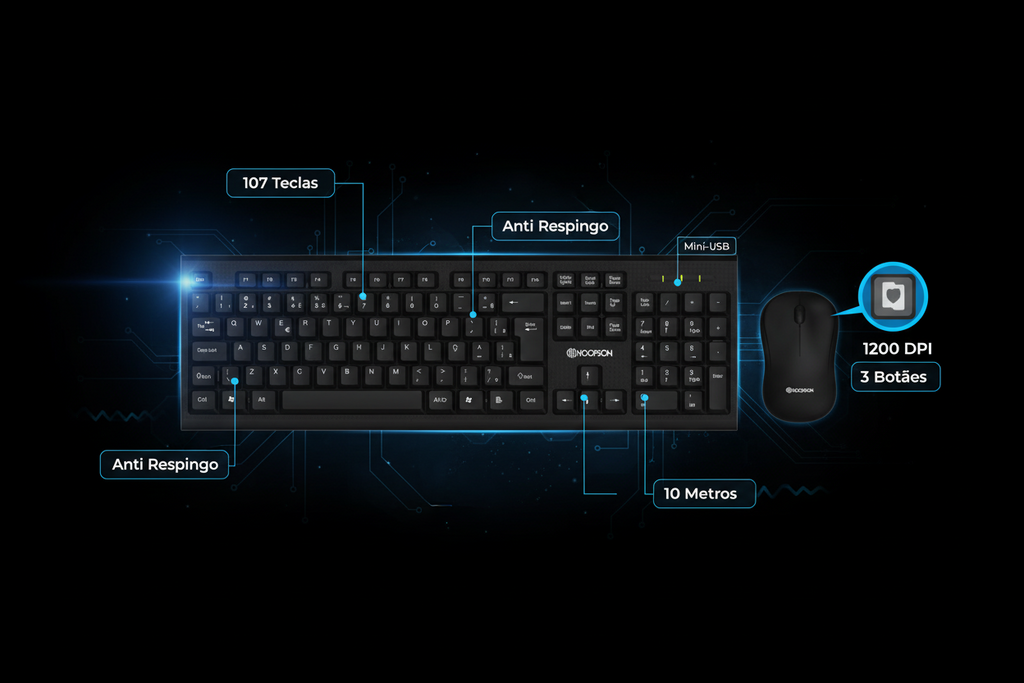 Kit Teclado + Mouse Sem Fio Hoopson TPC-077KS ABNT