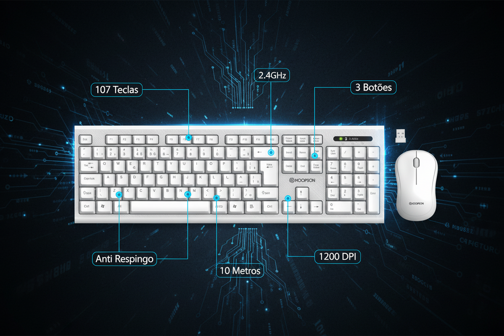 Kit Teclado + Mouse Sem Fio Hoopson TPC-077KS ABNT